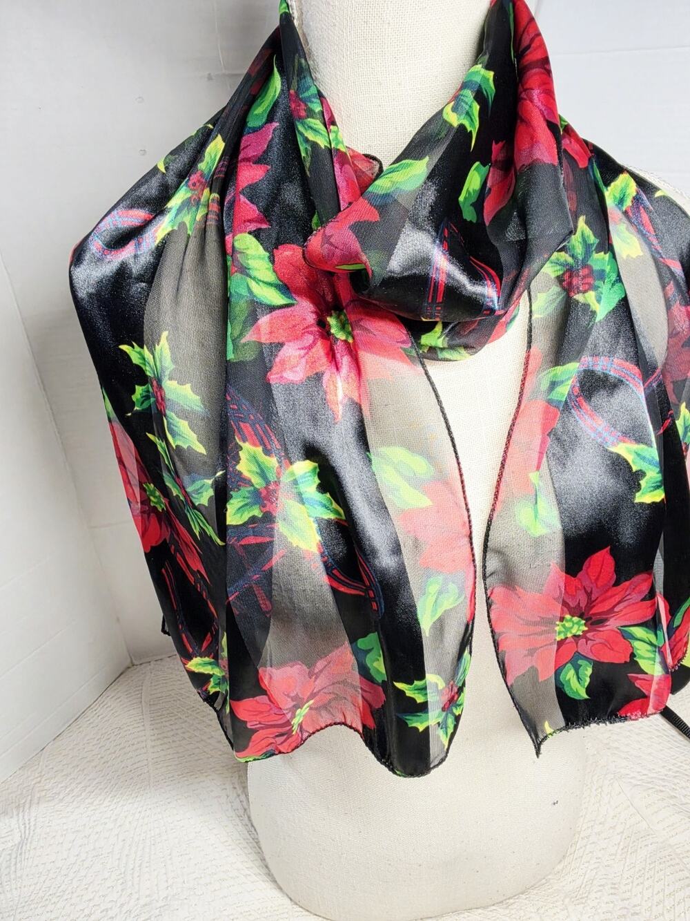Christmas Poinsettia Scarf Sheer Red Green Black Holiday Festive Wrap Holiday